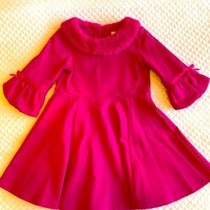 Hot pink Janie and Jane swing dress with fur collar and adorable sleeves.